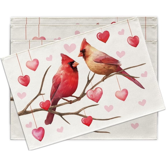 Valentines Day Cardinal Placemats Set of 4, Red Birds Pink Love Heart Branches Dining Place Mats Table Decor, Anniversary Wedding Home Kitchen Decoration 12 x 18 Inches