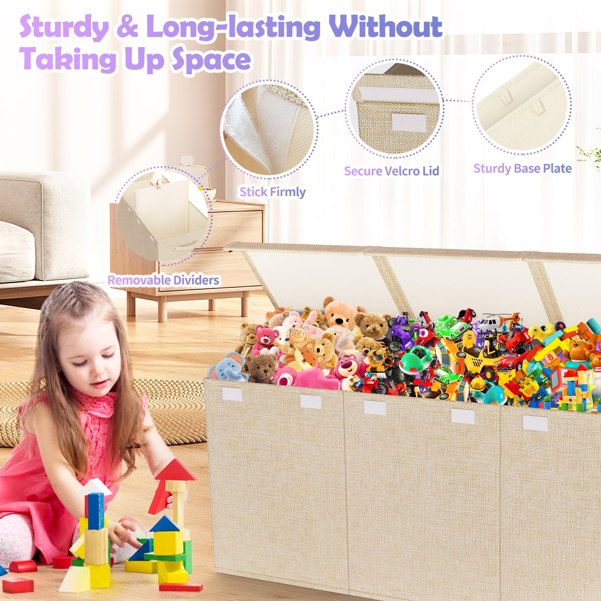 Extra Large Toy Box, Collapsible Sturdy Kids Toy Chest Storage Box with 3 Side bags and Removable Lids, 40"X14"X16"，large toy box for Nursery Room, Playroom,Closet,Home Organization,School，Deep beige