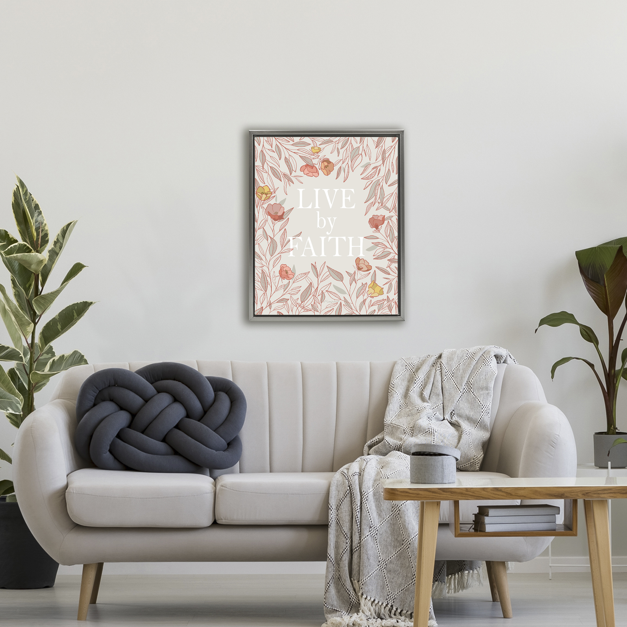 Live By Faith Rosy Florals Gray Framed Floater Canvas Wall Art, design by Kelley Talent