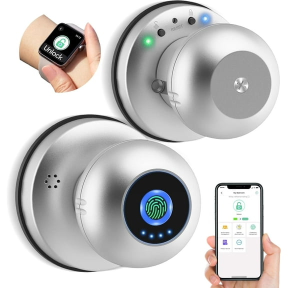 Smart Door Knob with Lock, Anweller Fingerprint Biometric Keyless Entry Electronic Digital Bluetooth App Control WiFi Door Lock for Bedroom Interior Apartment Garage Front Door - Silver