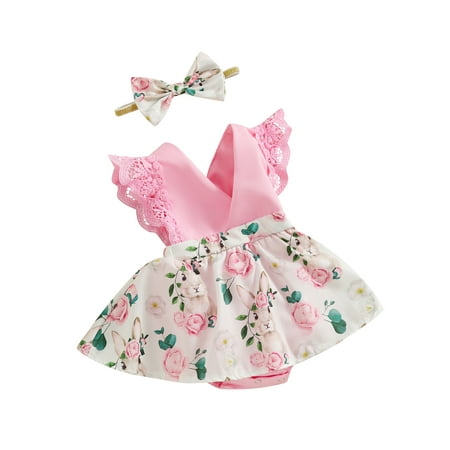 

Co.MMehjri Infant Baby Girls Easter Romper Dress Fly Sleeve V-Neck Floral Bunny Print Jumpsuit with Bow Headband