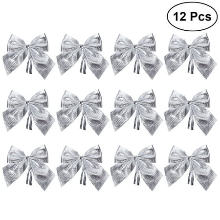 

NICEXMAS 12pcs Glitter Bowknots Christmas Tree Ornaments Pendant Xmas Hanging Decor Adornments Holiday Home Party Supplies (Silver)