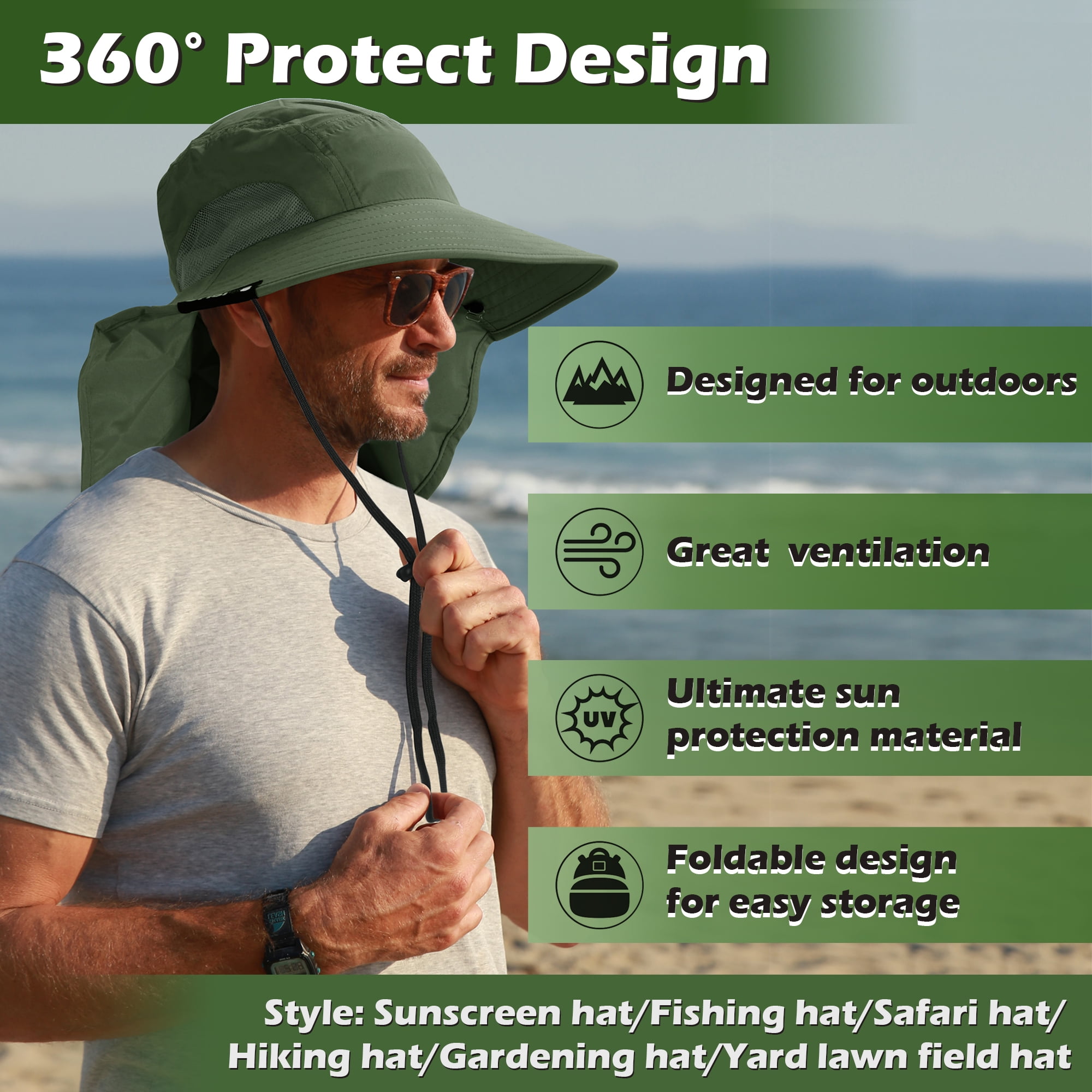 Tirrinia Men's Sun Hat with Wide Brim Neck Flap, Fishing Safari Hat for  Outdoor Hiking Camping, Green 