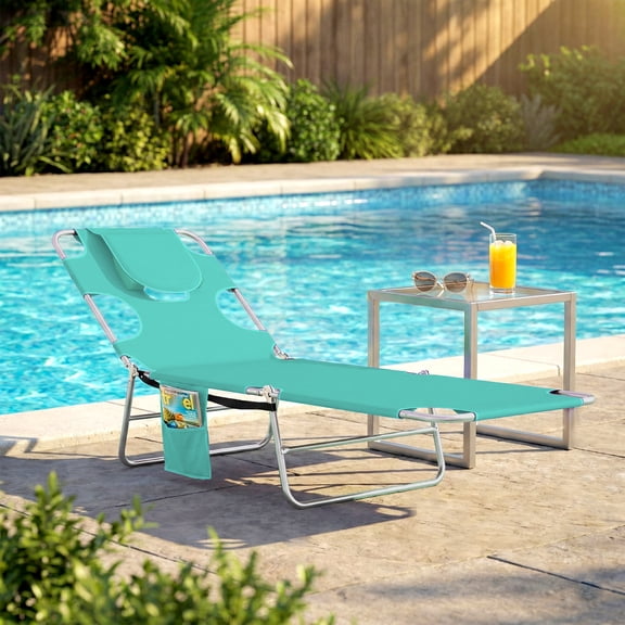 Outsunny Folding Beach Lounge Chair with Face Hole and Arm Slots, 5-level Adjustable Sun Lounger Tanning Chair with Pillow, Light Green