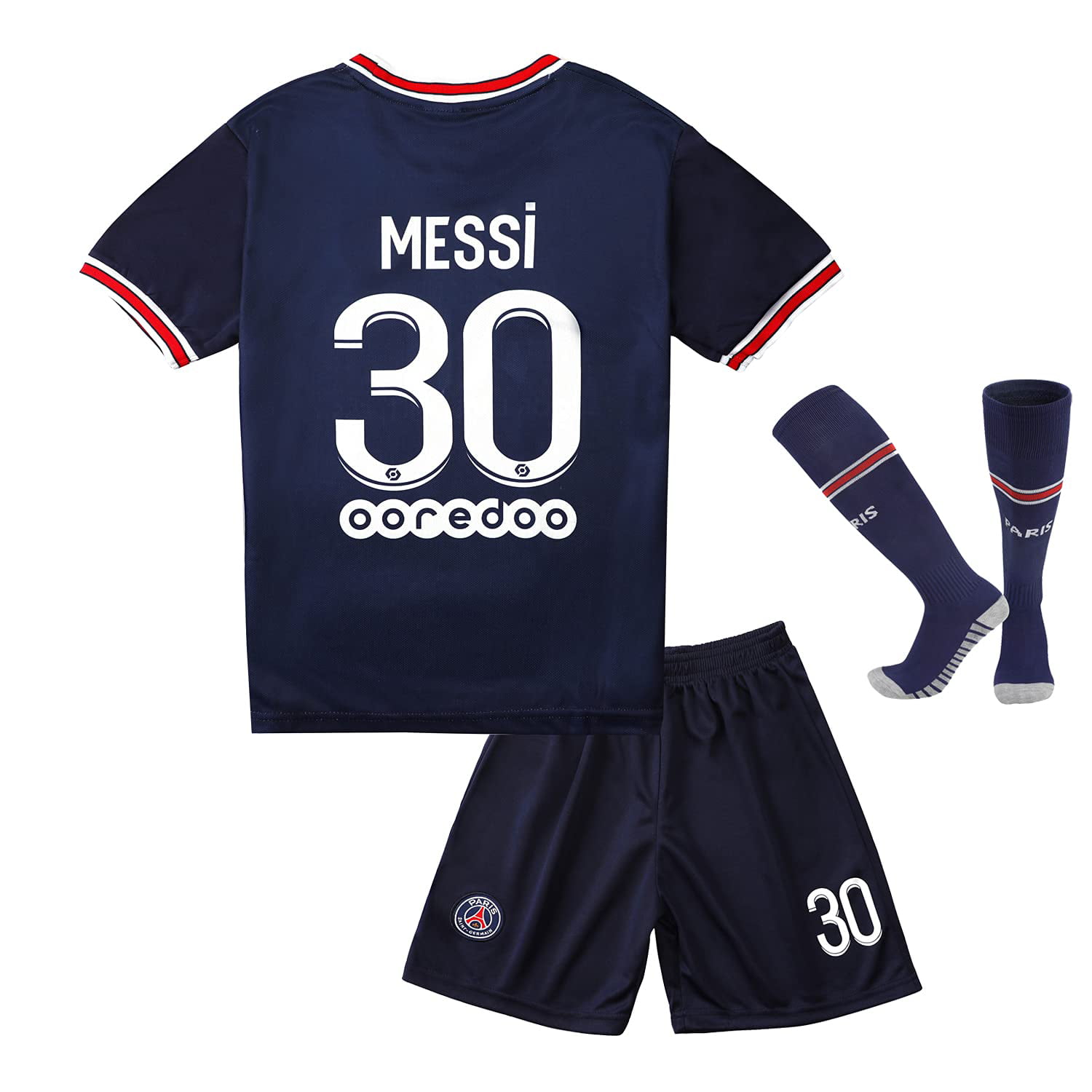 Navy, 12,13YEARS Da Games Youth Sportswear Paris Leo Messi 30 Kids Navy Soccer Long Sleeve Jersey/Shorts Football Socks Set 