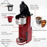 Mixpresso Single Serve Coffee Brewer K-Cup Pods Compatible & Ground Coffee 30oz Compact Coffee Maker Single Serve 5 Brew Sizes Up To 14Oz Fits Travel Mug Adjustable Drip Tray, Red Coffee Maker