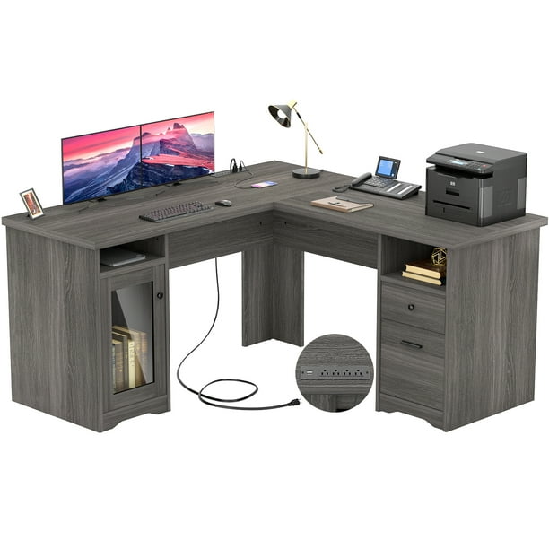Homieasy L Shaped Desk with Drawer, Corner Office Desk with Power Outlets  and USB Charging Ports, Large L- Shaped Computer Desk with File Cabinet, 2  Person Executive Desk for Home Office, Enoch