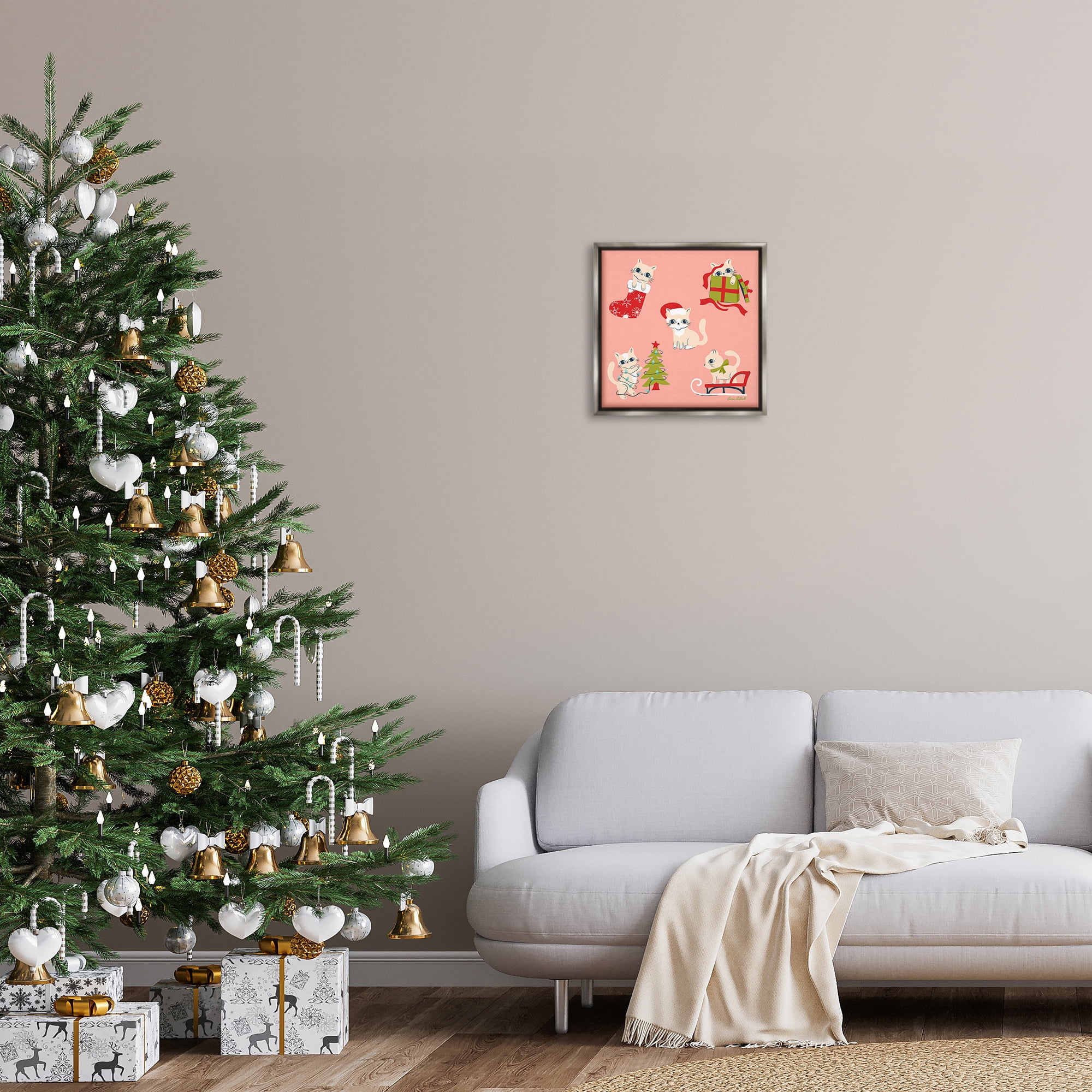 Stupell Industries Festive Cats Cute Holidays Holiday Painting Gray Floater Framed Canvas Art Prints Wall Art, 18 x 18