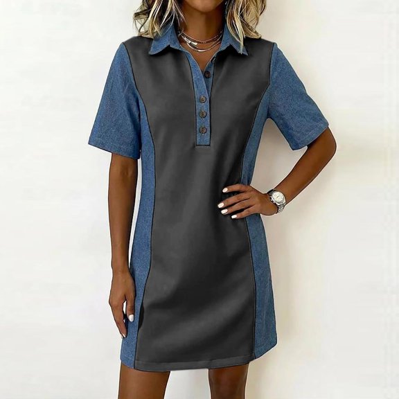 Ovbmpzd Casual Summer Dresses for Women Imitation Denim Dark Gray Loose Fitting Collared Mini Shift Womens Dresses