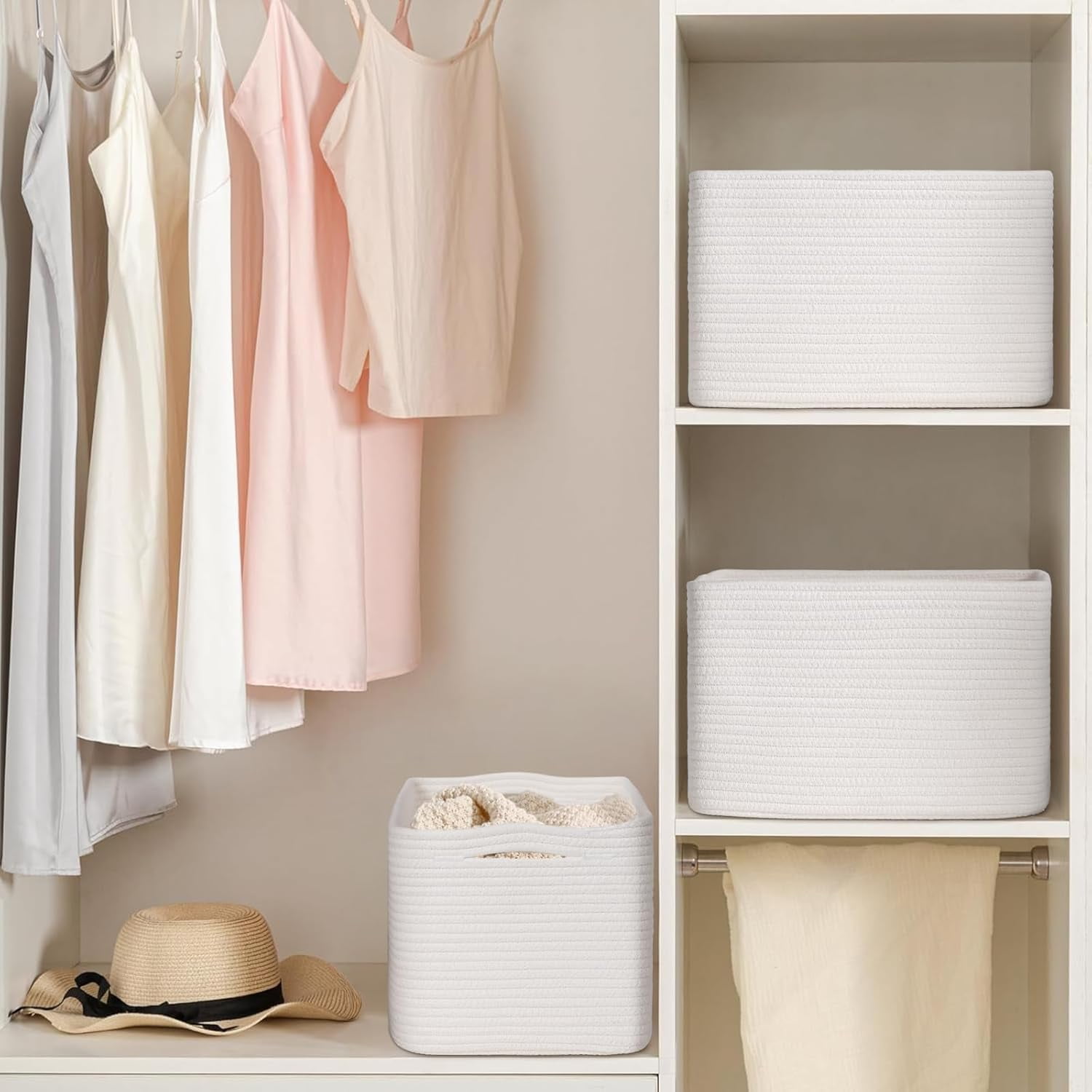 Natubeau 3 Pack Cotton Rope Woven Storage Baskets for Shelves, Foldable Organizer Bins for Toys Towels Books, White Nursery Storage Basket Shelf Organizer