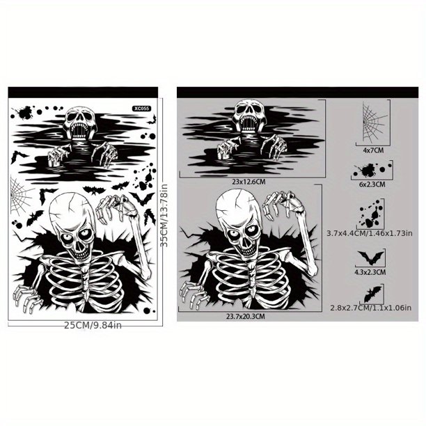 1pc Halloween Skeleton Window Sticker Skull Head Bat Static Glass Window Stickers Happy Halloween Party Ghost Festival Door Wall Decor Home Decor, Room Decor