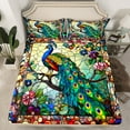 thumbnail image 2 of jejeloiu Peacock Rainbow Glass Queen 4-Piece Reversible Ultra Soft Boho Floral Sheet Set, 2 of 7