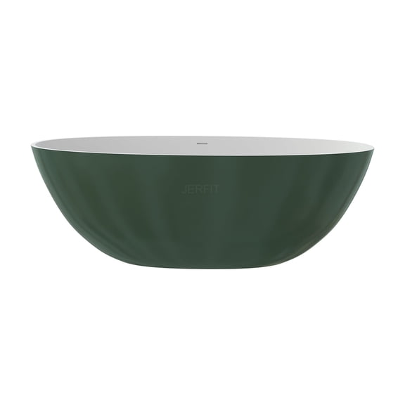 JERFIT 65 Inch Matte Green Freestanding Soaking Bathtub, Solid Surface Stone Resin Deep Tub for Bathroom