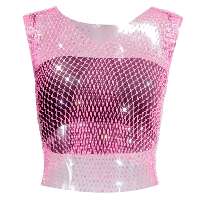 Chaleco de manga corta de red brillante para mujer: red de pesca con pedrería, sexy/casual, para todas las estaciones, talla real.