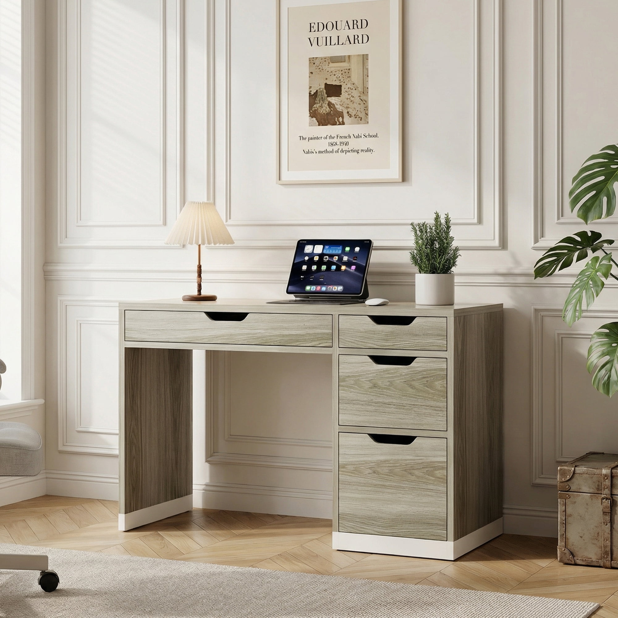 DreamCurship Desk with Drawers, Modern Computer Desk with File Drawers, Home Office Study Writing Desk with Storage, Walnut