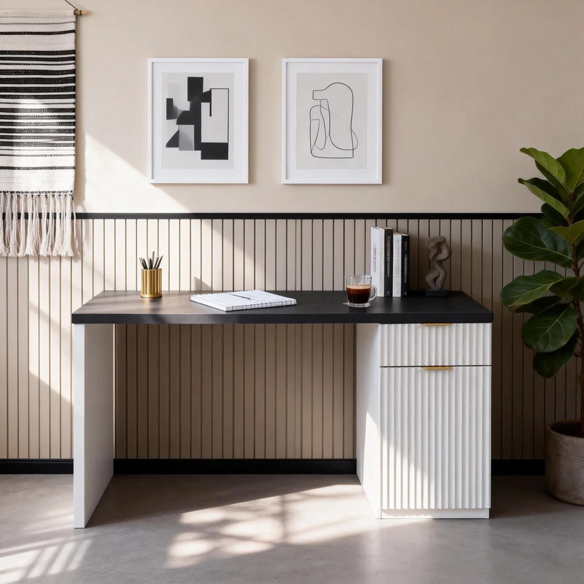 ACCOHOHO 60" Modern Executive Desk with Storage, Wooden Fluted Home Office Desk with Drawer & Cabinet for Study Bedroom Living Room - Antique White