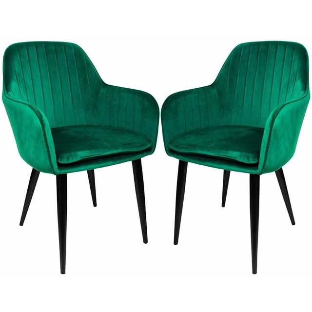 2 sillones comedor eames tapizado rack & pack verde terciopelo sala habitación — par de sillones Eames, vista frontal; asiento y respaldo curvados con costuras verticales, tapizado verde terciopelo, cojines removibles, patas negras con estructura metálica y base plástica, para uso interior en comedor, sala u oficina; peso máximo por usuario 90 kg y suelen usarse también como sillas de escritorio decorativas en espacios pequeños.