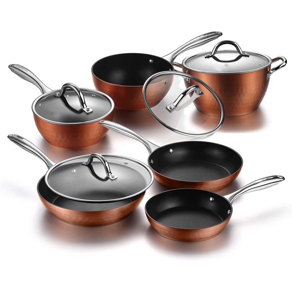 All in One Pan 10-Piece Copper Pans and Pots Set with Diamond-Infused Coating for Superior Non-Stick Cooking, Includes Induction Safe Aluminium Cookware with Sturdy Glass Lids - Dishwasher Safe