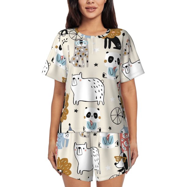 Fotbe Hand Drawn Animals Conjunto de Pijama Estampado para Mujer, 2 Piezas, Ropa de Dormir con Camiseta de Manga Corta y Shorts Suaves-X-Large