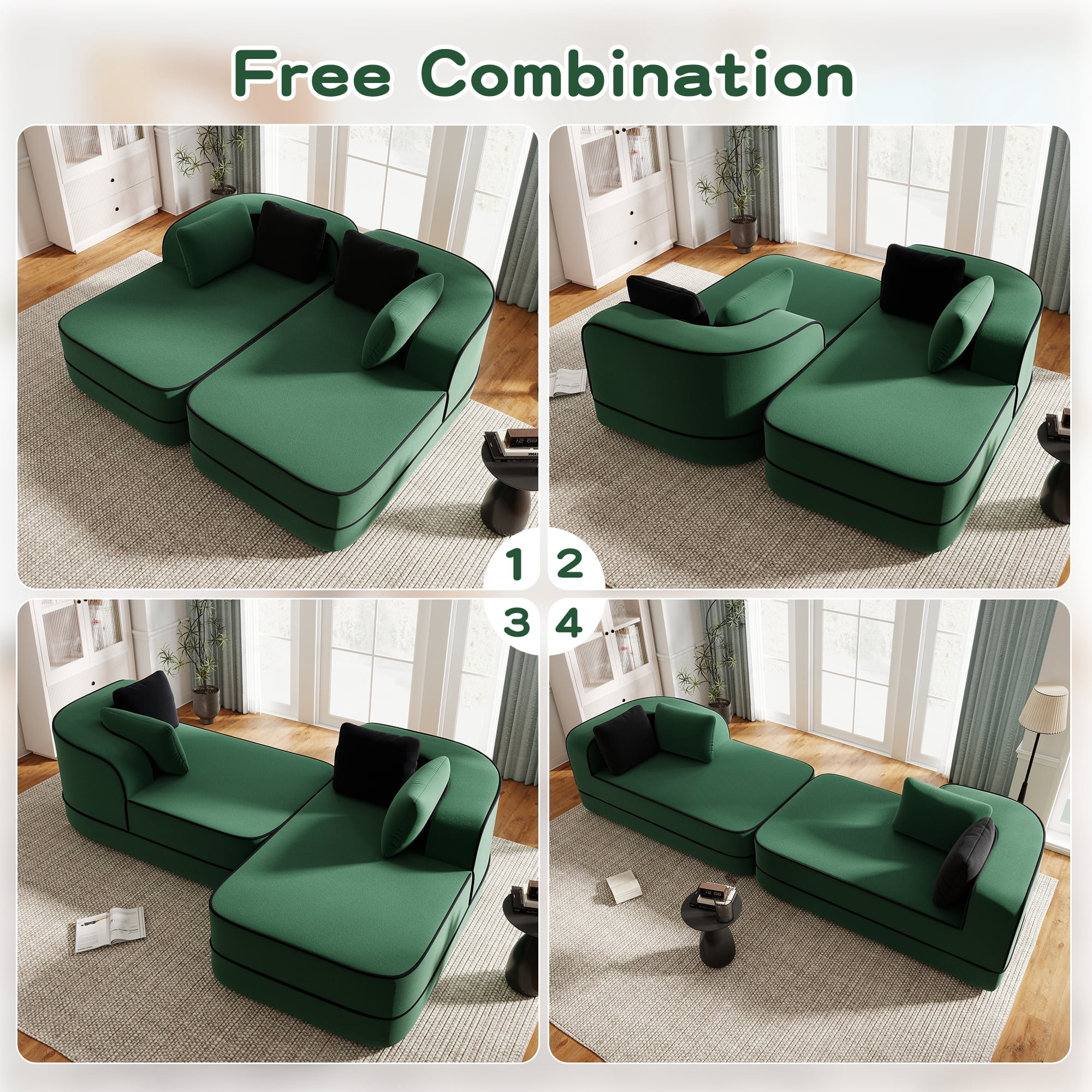 MAYEERTY 77.2" U-Shaped Teddy Fabric Boneless Sofa, Green 1200LBS Capacity 32D Foam No Assembly Couch with Double Chaises for Living Room