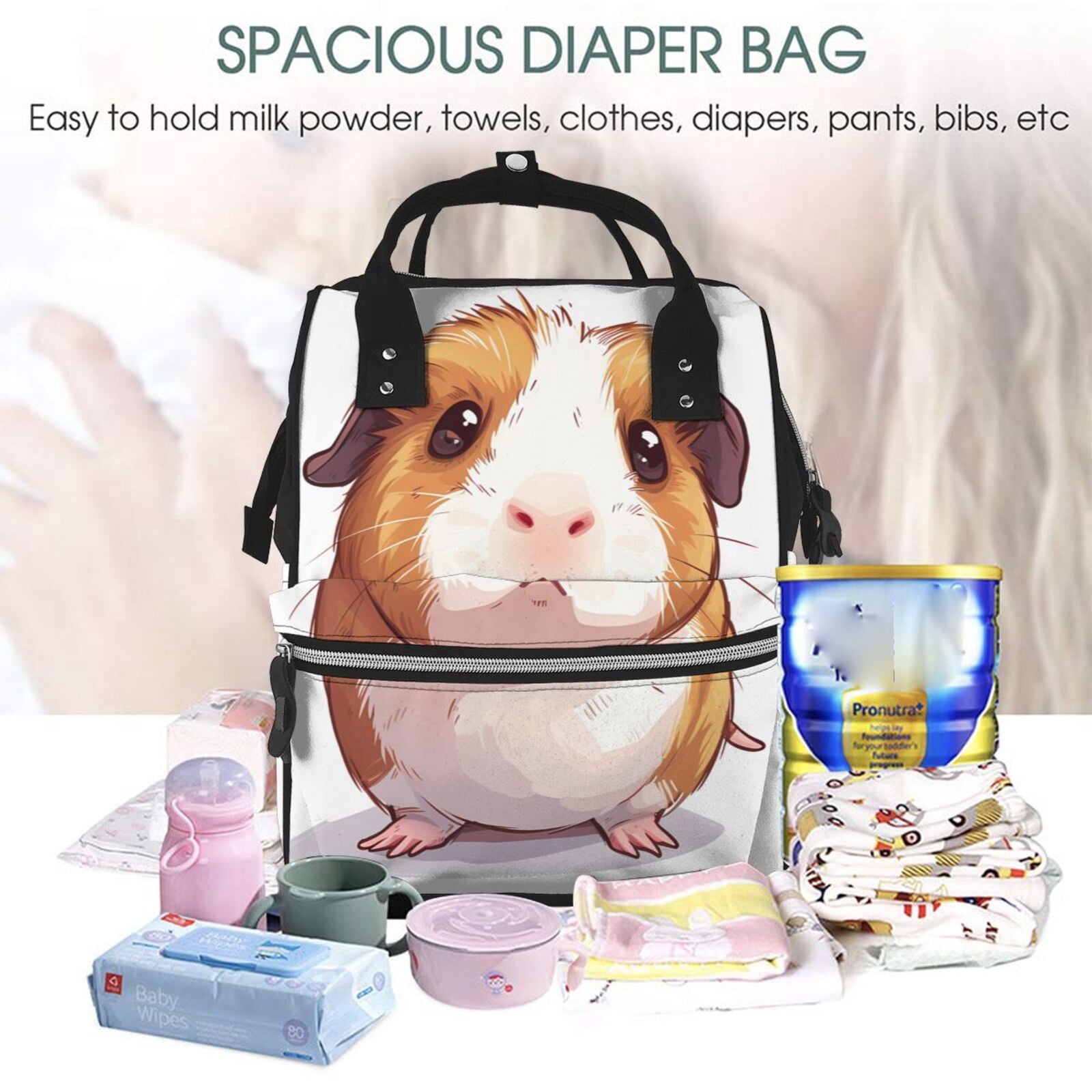 Fuzoiu Cartoon Guinea Pig Print Diaper Bag Backpack,Baby Essentials Travel Tote,Multi function Waterproof Diaper Bag, Travel Essentials Baby Bag - Unisex