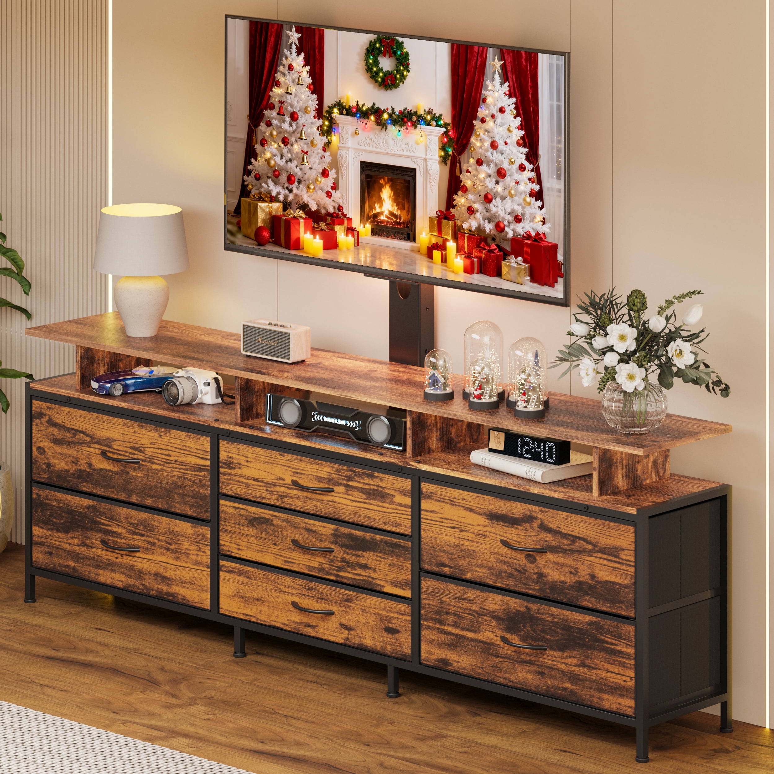 GUNAITO TV Stand with Adjustable Mount for TV up to 75", Big TV Stand for Living Room with 7 Fabric Drawers , Rustic Brown