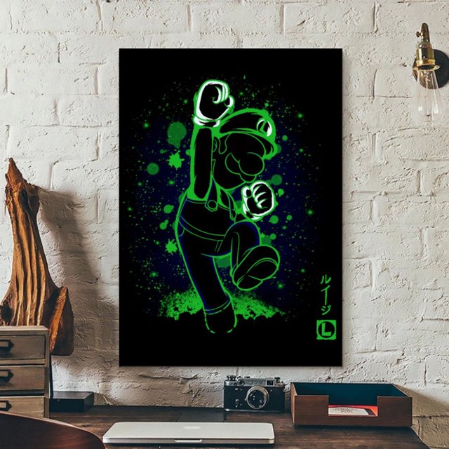 Cuadro Decorativo Luigi Neon Fondo Negro Canvas Listo Para Colgar 28x41cm Jungle Art Impresion Tela Arte