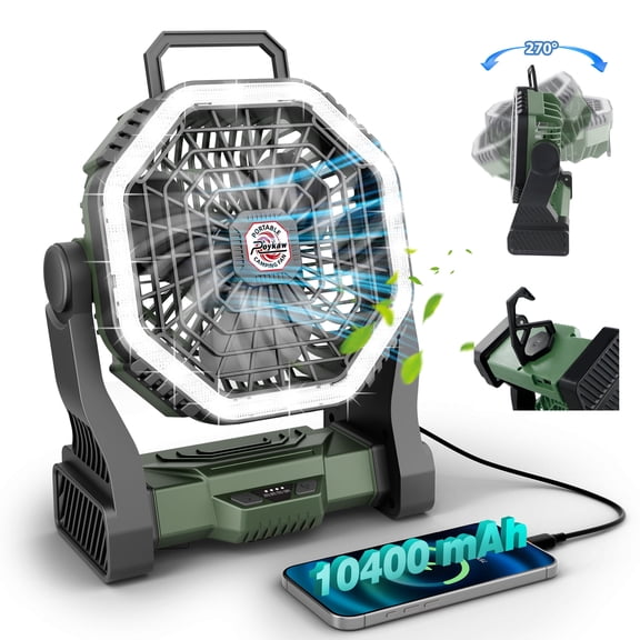 Roykaw 10400mAH Rechargeable Camping Fan with Ultra-bright LED Light, 4-Speed Wind & 3-Level Light