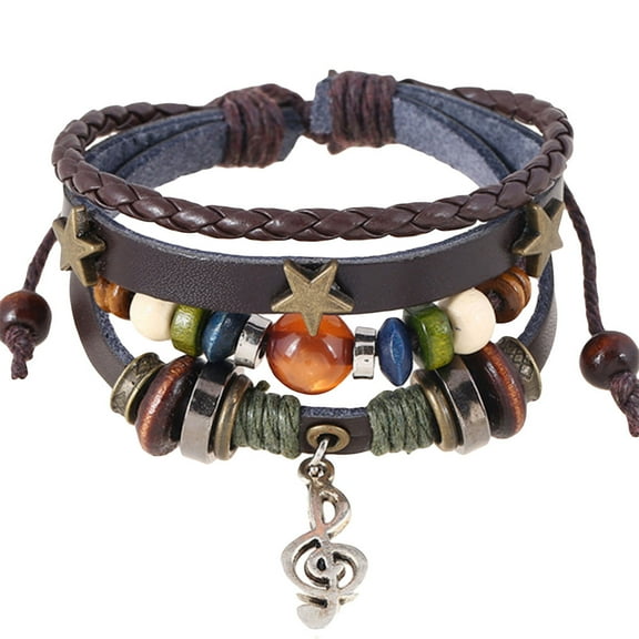 HONITANO 1Set Mens Fashion Bracelets Leather Adjustable Layered Charm Music Note Vintage Punk Style For Many Occasions