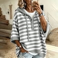 thumbnail image 3 of Women's Striped Hoodie Sweater Elbow Sleeve Henley Oversized Knit Pullover Tops Loose Slouchy Half Button Poncho for Fall Outfits, Gray, L, 3 of 8