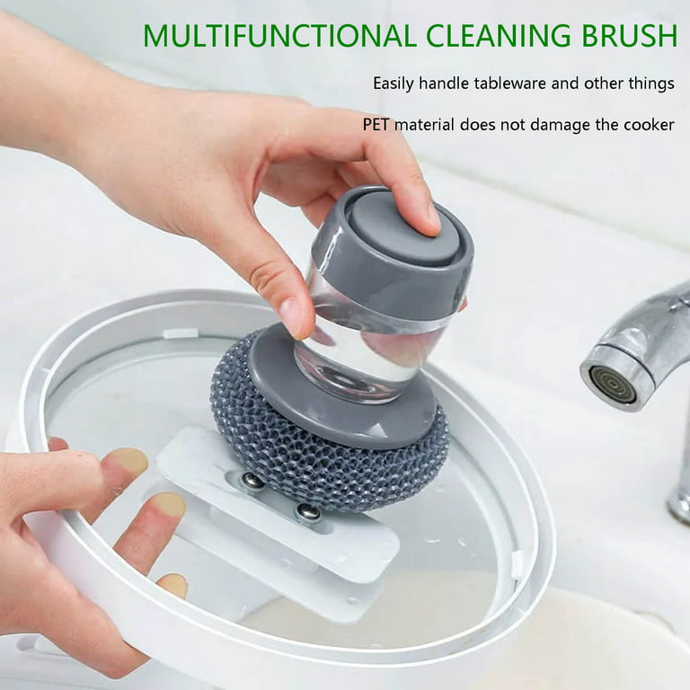 OAVQHLG3B Soap Dispensing Palm Scrub Brush with Drip Tray, Washing Brush  for Dishes Pots Pans Sink Cleaning, Kitchen Scrubber Storage Stand Set 