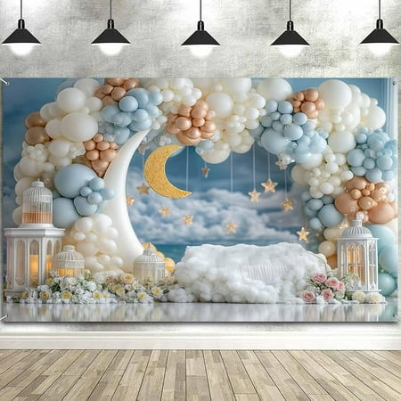 Twinkle Twinkle Little Star Backdrop Blue Sky White Clouds and Moon Baby Shower Photography Background Flower Gold Glitter Stars Boy or Girl Birthday Party Decorations Banner Photo Booth Props