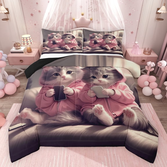 Feelyou Kawaii Couple Cat Bedding Comforter Set, Cute Kitten Lover Twin Comforter Sets, Teens Kids Boys Girls Reversible Bedding Set, Luxury Bedroom Decor, 2pcs