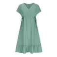 thumbnail image 5 of Midsumdr Womens Dresses Short Sleeve V Neck Dstring Casual Ruffle A-Line Mini Dress Summer Fashion Loose Solid Color Flowy Midi Dress, 5 of 7