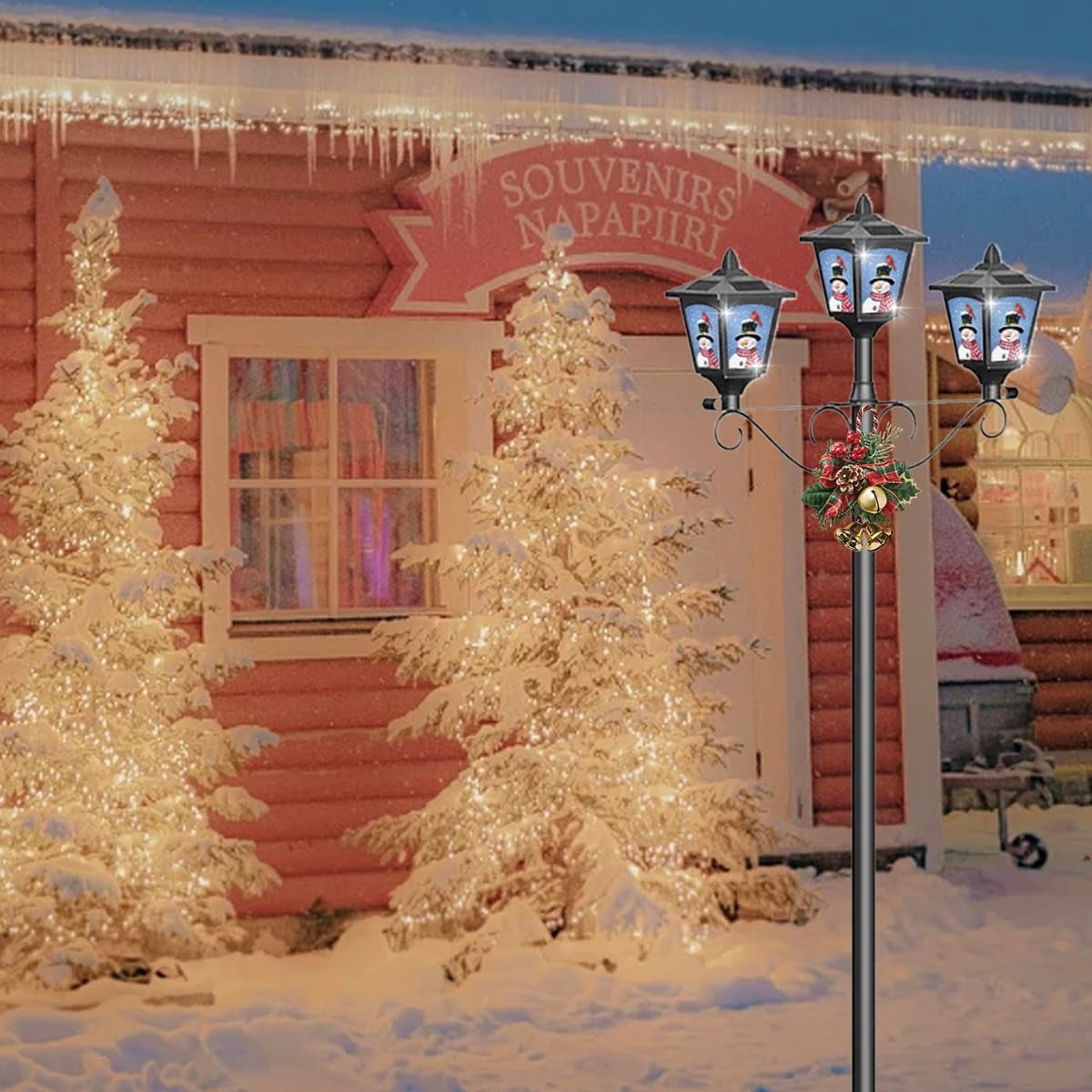 Solar Fence Post Light 72" Outdoor Waterproof, Black Vintage Lamp with Snowman Red Bird Christmas Decoration
