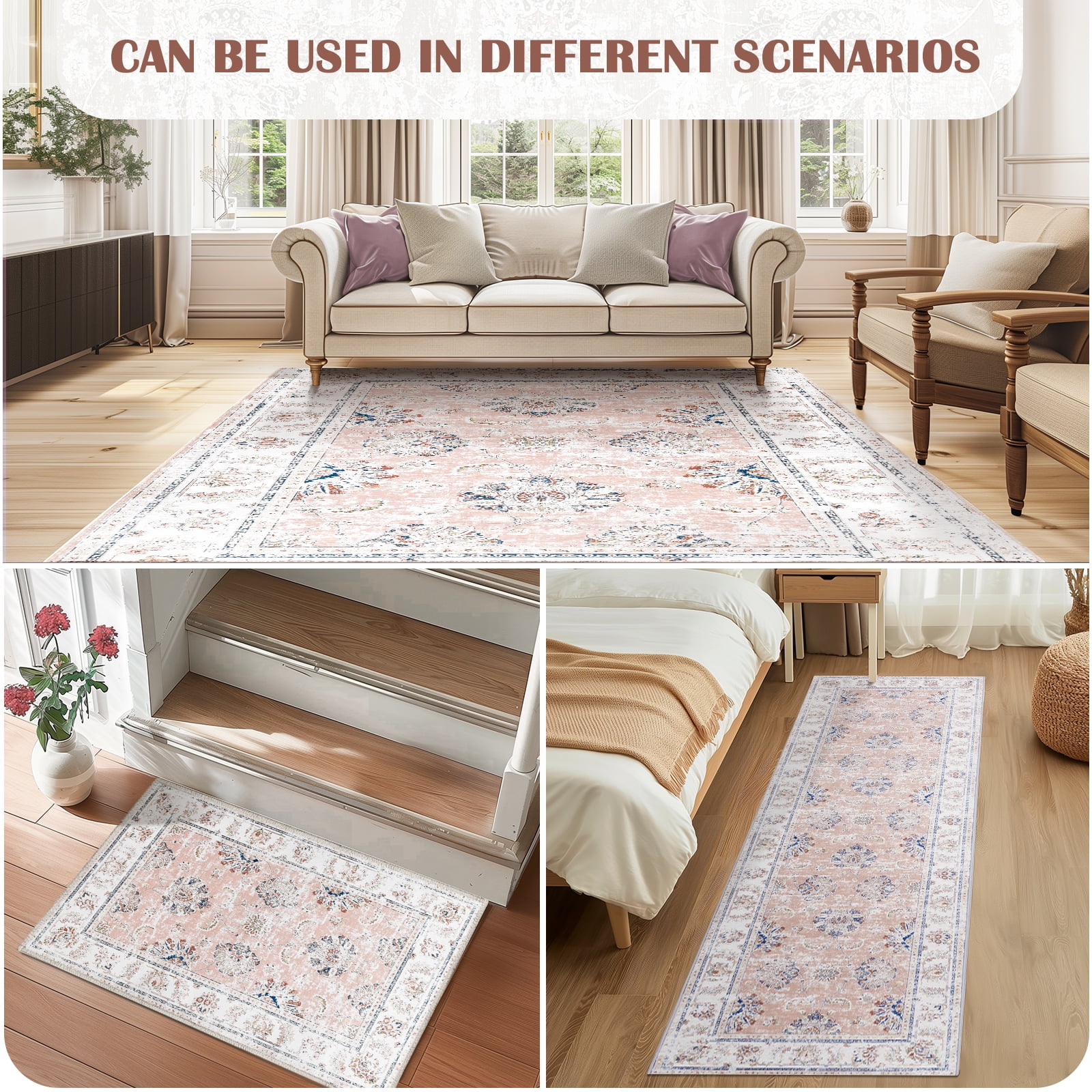 RUGKING Area Rug 5x7 Pink Foldable Oriental Rug Vintage Traditional Carpet Distressed Christmas Rugs for Living Room Bedroom Dining room