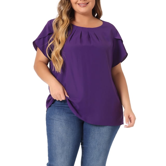 Blusas de verano de manga corta con pliegues y cuello redondo para mujeres de tallas grandes Agnes Orinda 3X morado