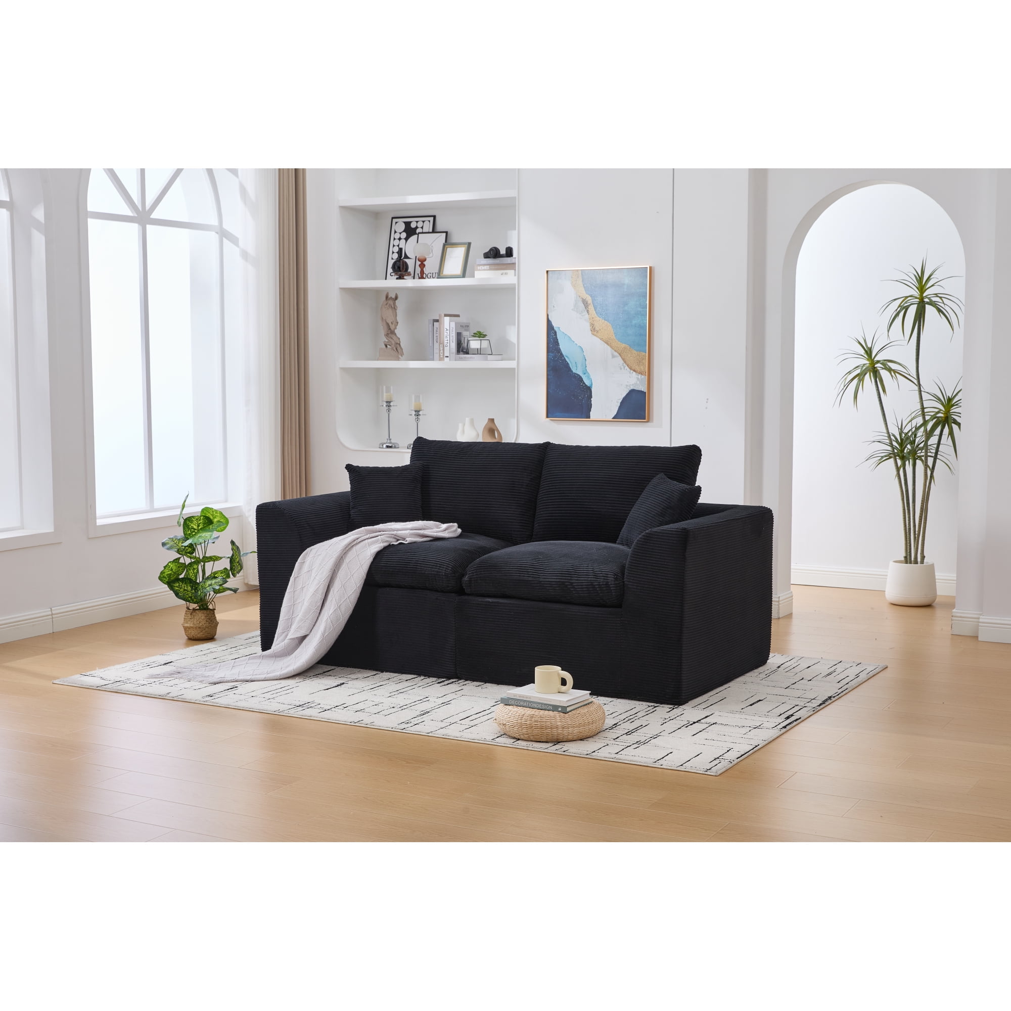 Leumius 80" Cloud Couch,Modern 2 Seater Sofa with Pillow,Upholstered Corduroy Fabric Modern Loveseat for Living Room Bedroom Apartments Dorms,No Assembly Required,Black