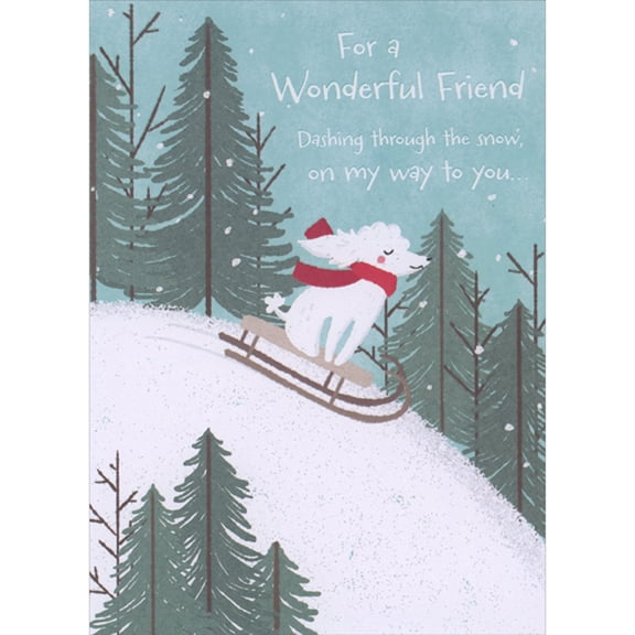 Designer Greetings White Dog Wearing Red Scarf Riding Sled Down Tree Lined Hill Christmas Card for Friend