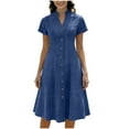 thumbnail image 2 of Maqroz Dresses for Women Plus Size Short Sleeve Denim Chambray Midi Dress Loose Fit Button Down V Neck Shirts Dresses A Line Long Casual Summer Dress Vestidos Elegantes De Mujer Sky Blue XXL, 2 of 9