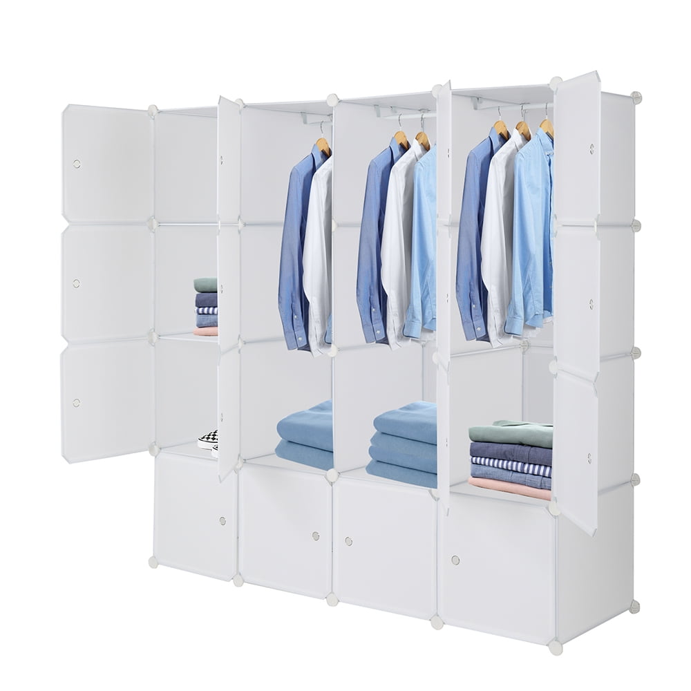 4-layer 16 Cube Organizer Stackable Cube Storage, Plastic + Steel Wire with 3 Clothes Rails, Free to Assemble, White