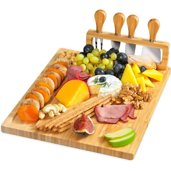 Unique Bamboo Cheese Board and Knife Set - Charcuterie Boards Set & Cheese Platter with Slide-Out Cutlery Drawer - Serving Tray for Crackers, Meat, and Wine - Anniversary and Wedding Gift