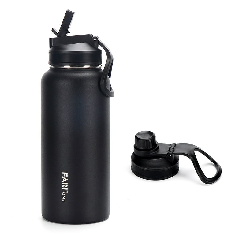 Sports Water Bottle with Straw & Spout Lids, 32 oz Double Wall