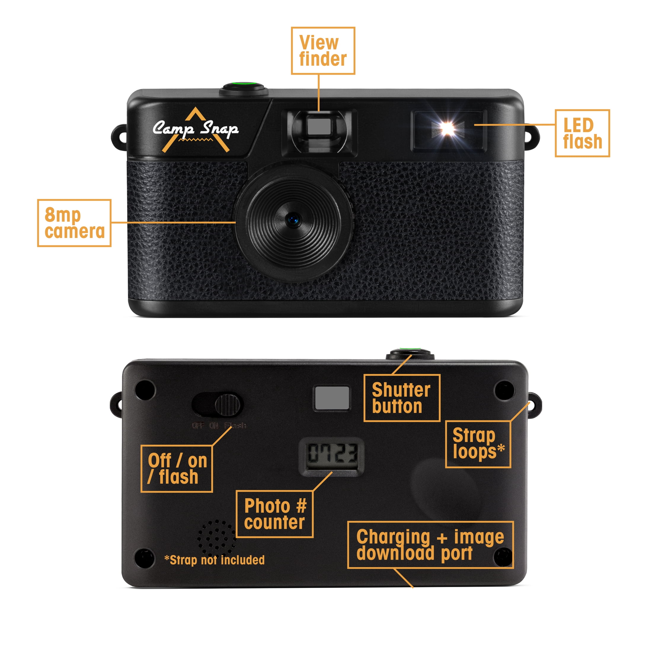 Camp Snap Screen-Free Digital Camera, Easy to Use, Point and Snap for All Ages, Stealth Black