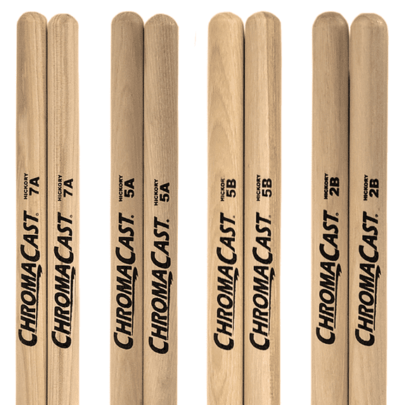 ChromaCast 5A, 5B, 7A & 2B Mixed Pack Hickory Drumsticks Pair - Wood Tipped - Drum Sticks Tour Tested by Pro Drummers - Real Hickory Wood