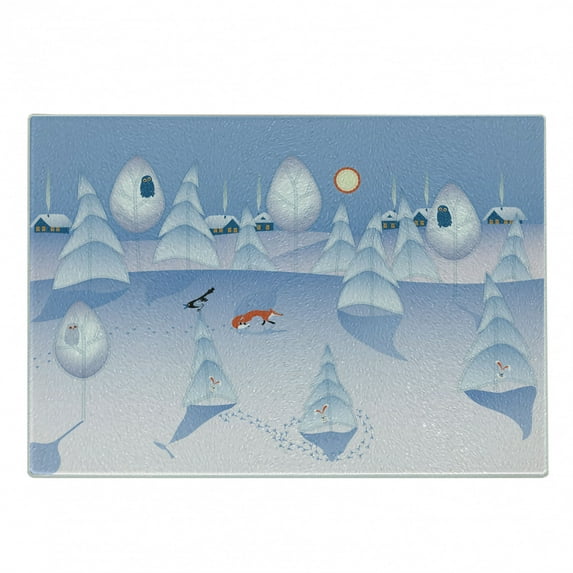 Cartoon Cutting Board, Nursery Winter Scene at Woodland with Wild Animals Owl Fox and Bunnies, Decorative Tempered Glass Cutting and Serving Board, in 3 Sizes, by Ambesonne