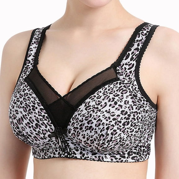 YWDJ Comfy Bras for Womens Back Closures Lounge Bras Wirefree Comfortable Bras Wide Strap Full Coverage Push up Wrap Bras Padded Comfort Bras Leopard Sleep Bras Silver L