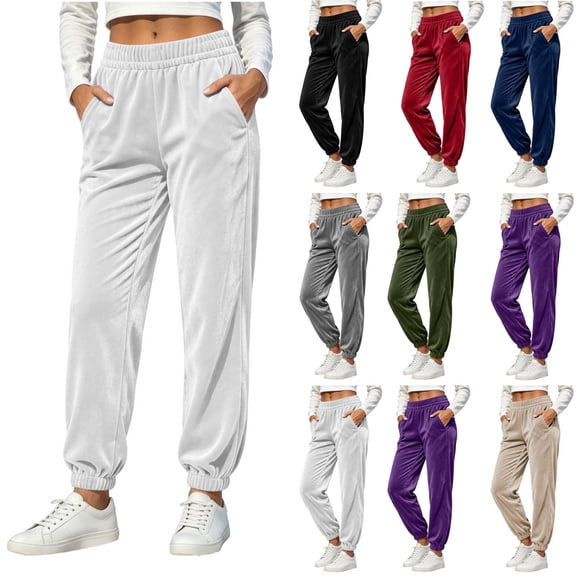 THNCYX Women Solid Color Elastic Waist Casual Sweat Pants With Side Pockets Relaxed Wide Drawstring Trousers