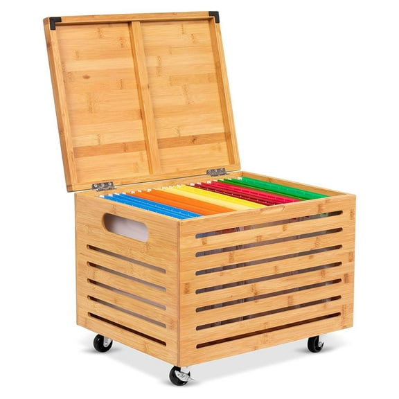 Gexandy Rolling File Storage Organizer Box with Lid (NEW VERSION) - Bamboo - Decorative Wood Hanging Filing & Storage Office Box - Letter/Legal - Strong Durable - Toys Blankets Binders - Natural