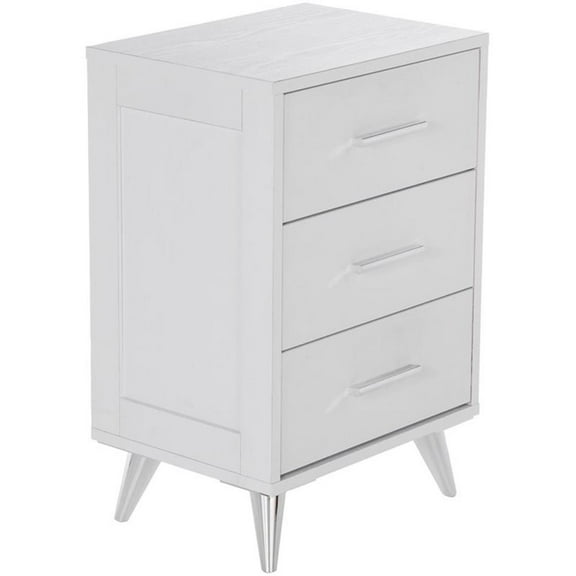 Allora Mid-Century 3 Drawer Nightstand in White and Chrome Finish